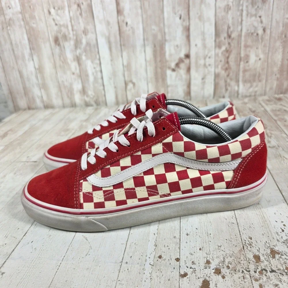 Vans Old Skool Red White Checkerboard Suede Canvas Skate Shoes Mens 11